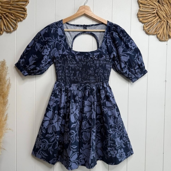 Free People Navy Floral Mini Dress W/ Puff Sleeves Smocked Bodice& Heart Buttons - Picture 6 of 13